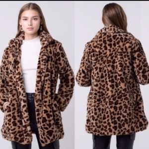 Camel Brown Leopard Print Faux Fur Coat